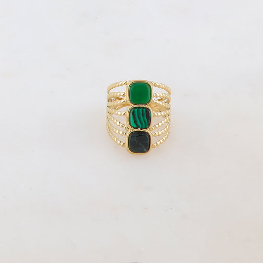 Bague multi-rangs style semainier avec 3 pierres naturelles carrées