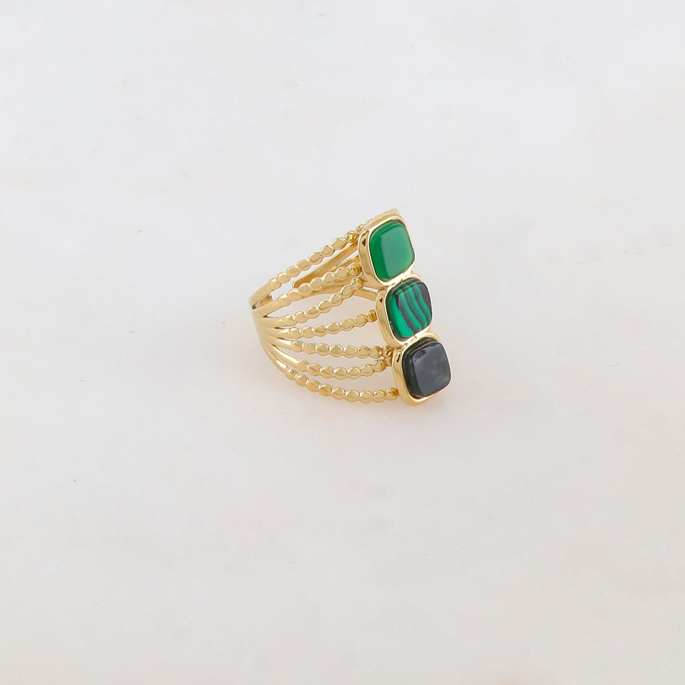 Bague multi-rangs style semainier avec 3 pierres naturelles carrées