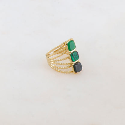 Bague multi-rangs style semainier avec 3 pierres naturelles carrées