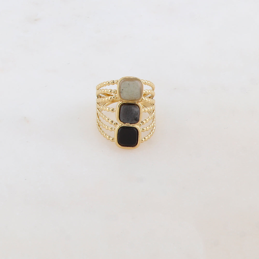 Bague multi-rangs style semainier avec 3 pierres naturelles carrées