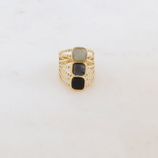 Bague multi-rangs style semainier avec 3 pierres naturelles carrées