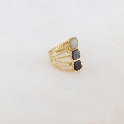 Bague multi-rangs style semainier avec 3 pierres naturelles carrées