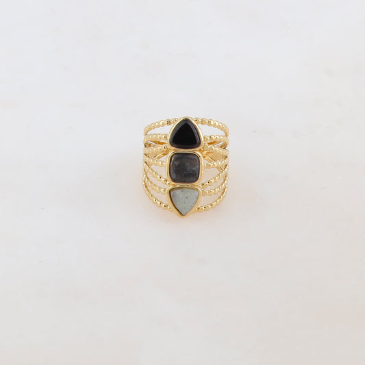 Bague multi-rangs style semainier avec 3 pierres naturelles rondes : 2 triangles et 1 carrée