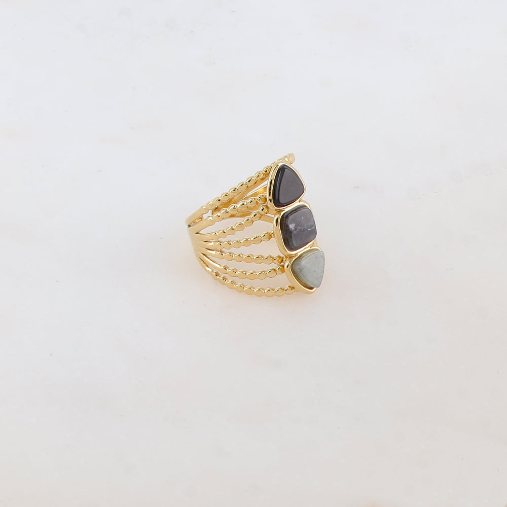 Bague multi-rangs style semainier avec 3 pierres naturelles rondes : 2 triangles et 1 carrée
