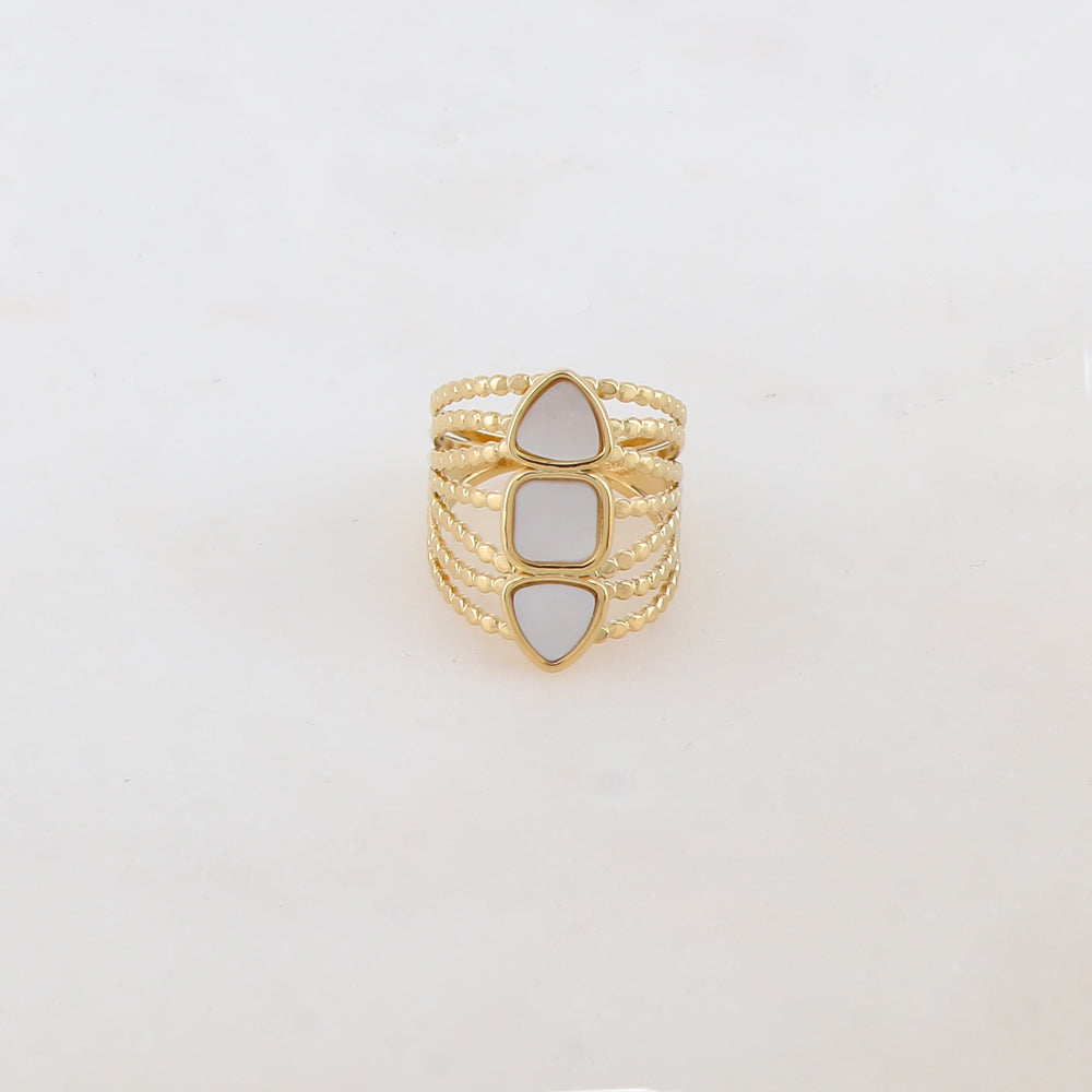 Bague multi-rangs style semainier avec 3 nacres rondes : 2 triangles et 1 carrée