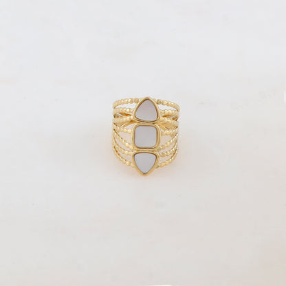 Bague multi-rangs style semainier avec 3 nacres rondes : 2 triangles et 1 carrée