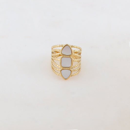 Bague multi-rangs style semainier avec 3 nacres rondes : 2 triangles et 1 carrée