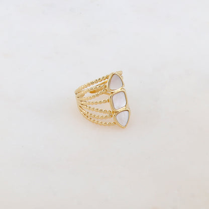 Bague multi-rangs style semainier avec 3 nacres rondes : 2 triangles et 1 carrée
