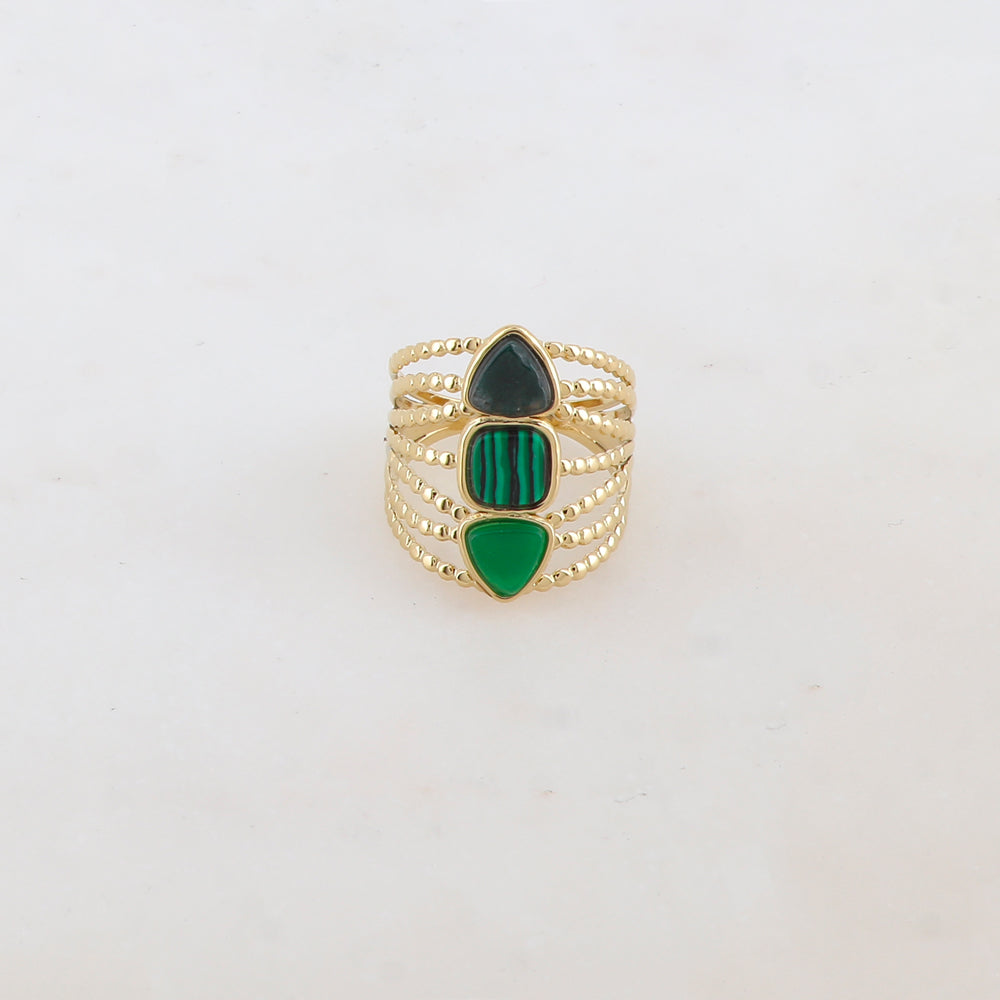 Bague multi-rangs style semainier avec 3 pierres naturelles rondes : 2 triangles et 1 carrée