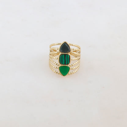 Bague multi-rangs style semainier avec 3 pierres naturelles rondes : 2 triangles et 1 carrée