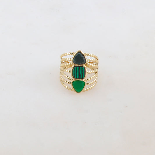Bague multi-rangs style semainier avec 3 pierres naturelles rondes : 2 triangles et 1 carrée