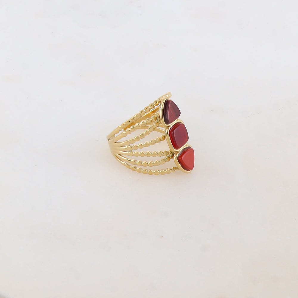 Bague multi-rangs style semainier avec 3 pierres naturelles rondes : 2 triangles et 1 carrée
