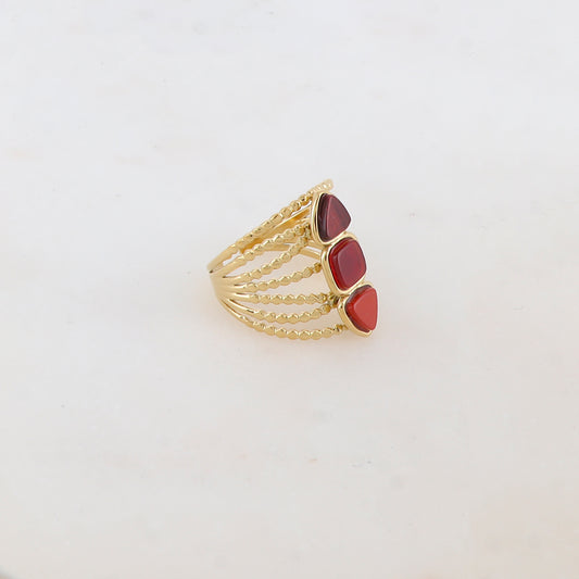 Bague multi-rangs style semainier avec 3 pierres naturelles rondes : 2 triangles et 1 carrée