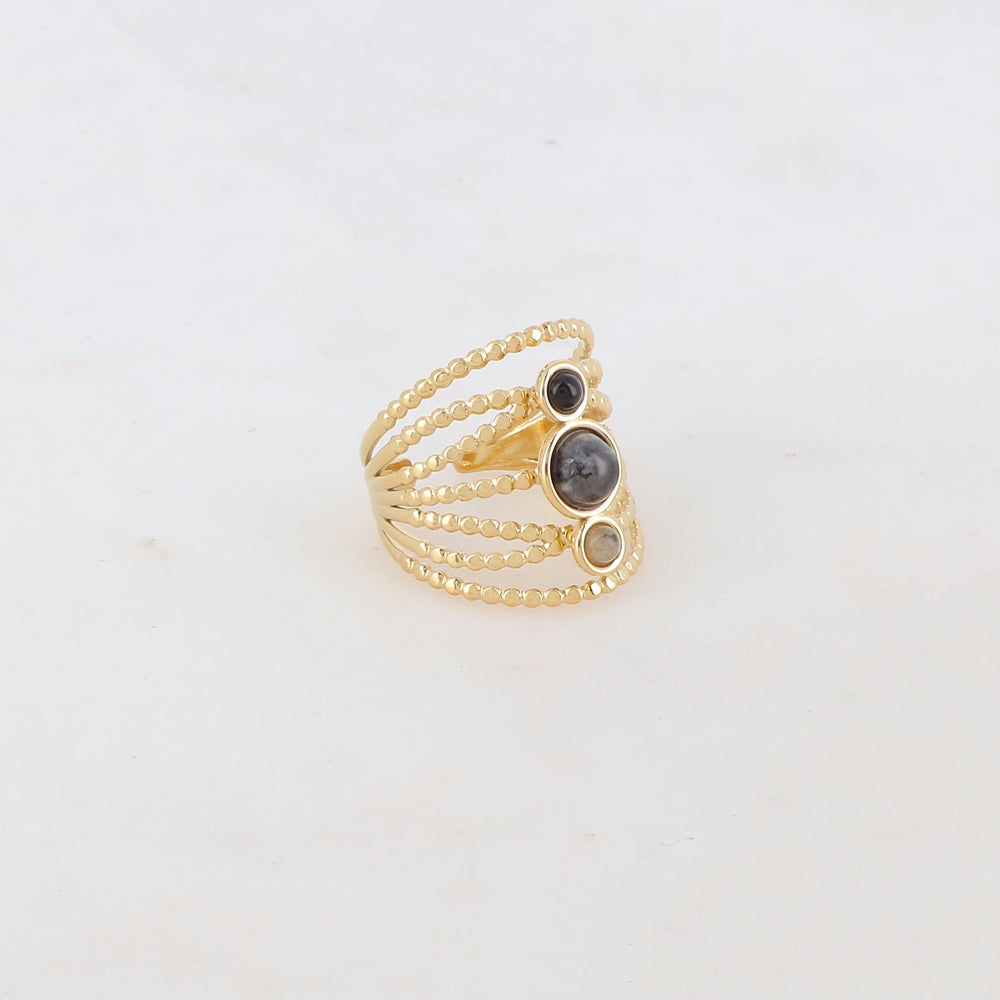 Bague multi-rangs style semainier avec 3 pierres naturelles rondes