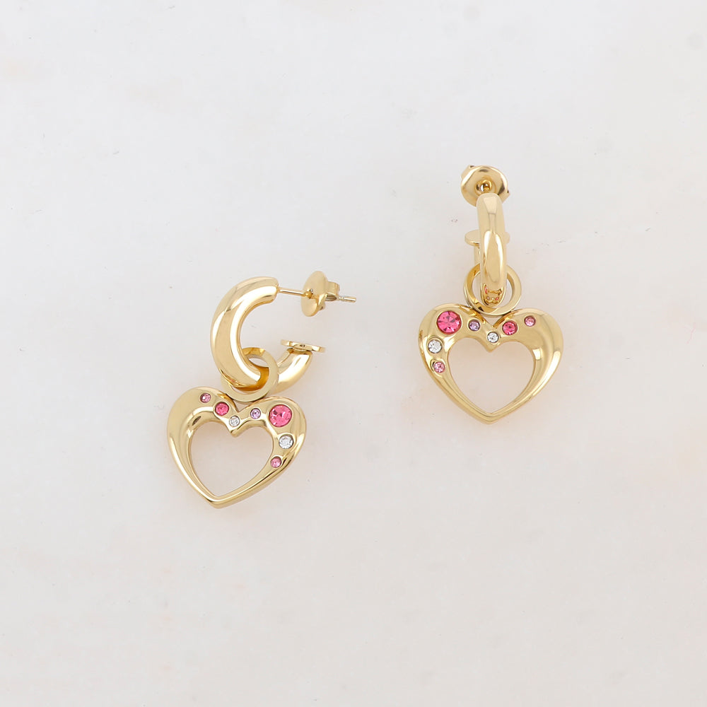 Créoles à puce avec pendant cœur orné de strass 1,8 x 3 cm.