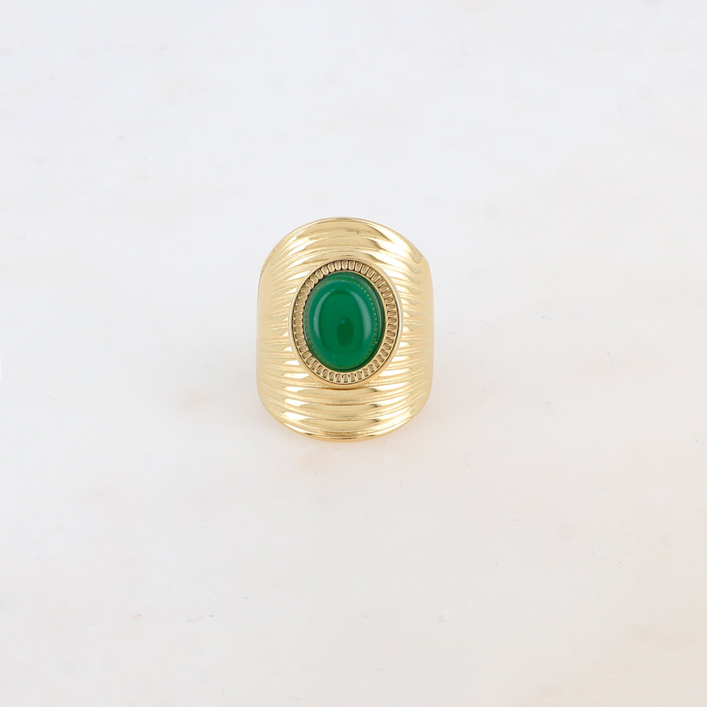Bague avec rainures et pierre naturelle ovale - Jade vert