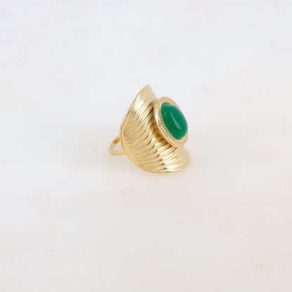 Bague avec rainures et pierre naturelle ovale - Jade vert