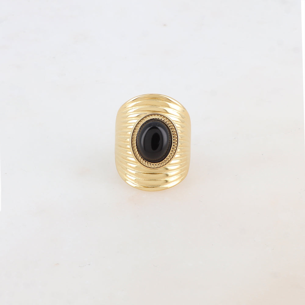 Bague avec rainures et pierre naturelle ovale - Onyx