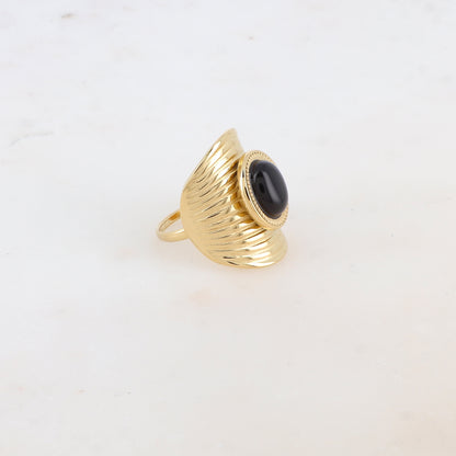 Bague avec rainures et pierre naturelle ovale - Onyx