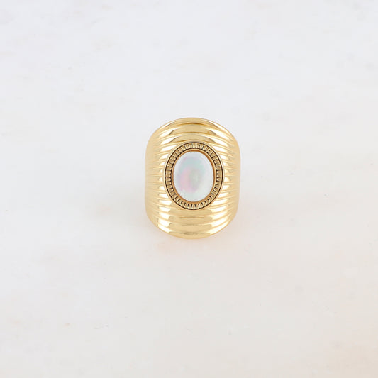 Bague avec rainures et pierre naturelle ovale - Nacre