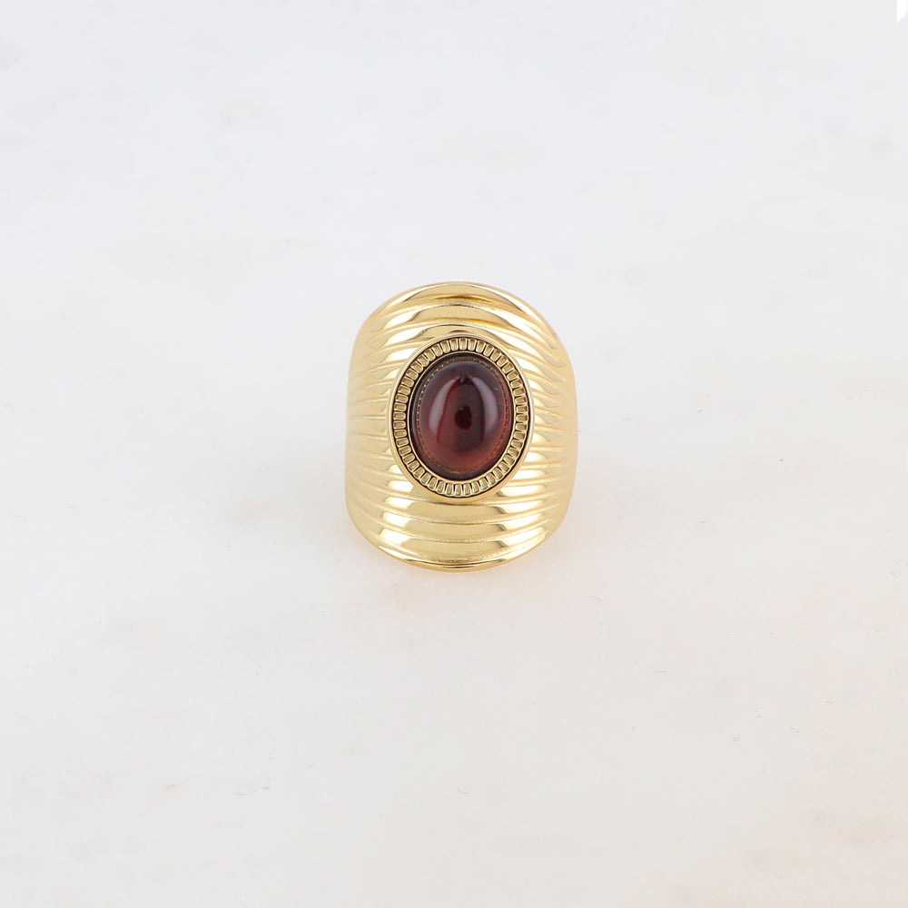 Bague avec rainures et pierre naturelle ovale - Oeil de taureau