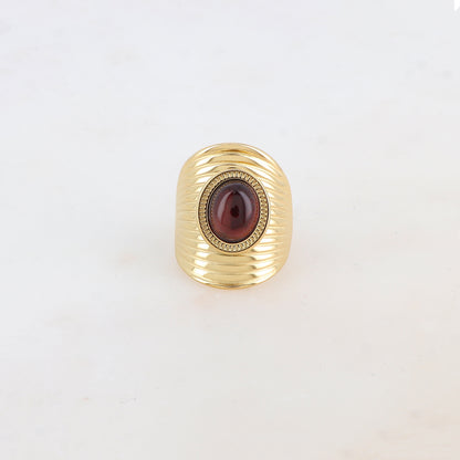 Bague avec rainures et pierre naturelle ovale - Oeil de taureau