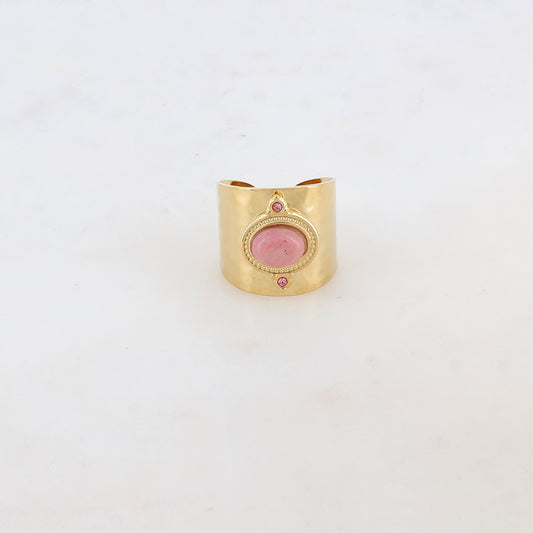 Bague épaisse avec deux strass et une pierre naturelle ovale - Rhodonite