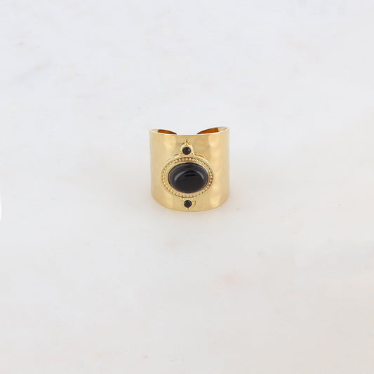 Bague épaisse avec deux strass et une pierre naturelle ovale - Onyx
