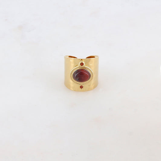 Bague épaisse avec deux strass et une pierre naturelle ovale - Œil de taureau