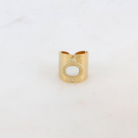 Bague épaisse avec deux strass et une pierre naturelle ovale - Nacre