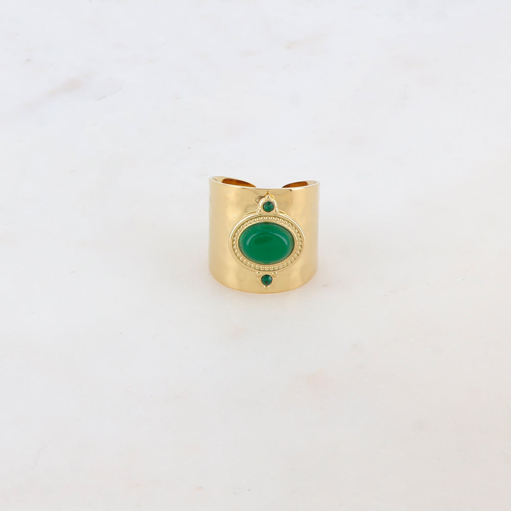 Bague épaisse avec deux strass et une pierre naturelle ovale - Aventurine