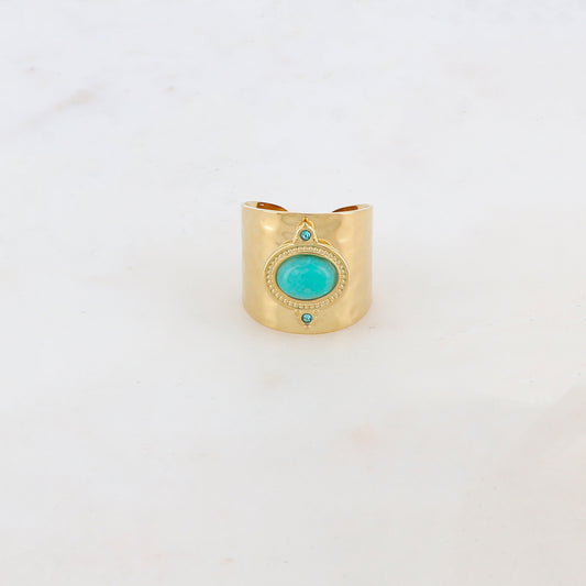Bague épaisse avec deux strass et une pierre naturelle ovale - Amazonite