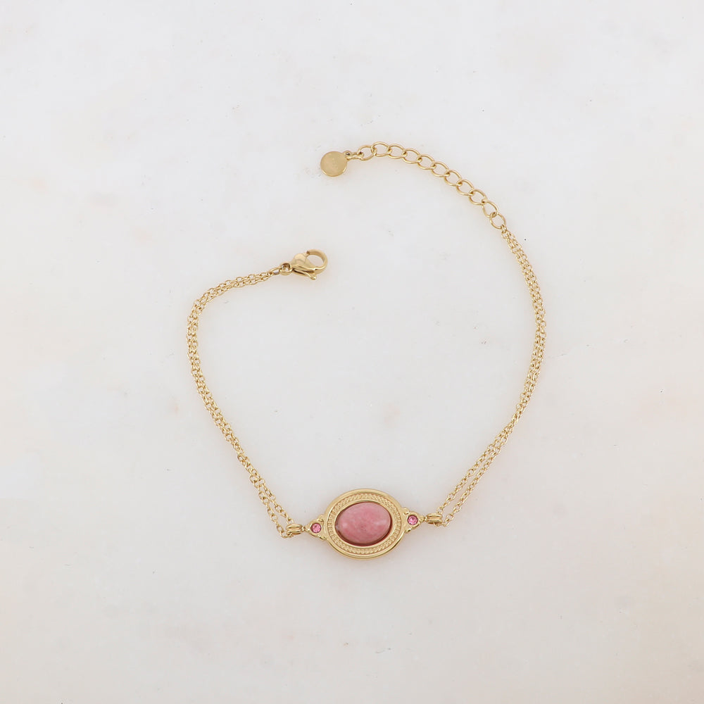 Bracelet deux rangs avec pièce ovale sertie de deux strass et d'une pierre naturelle
