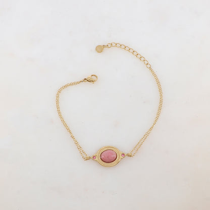 Bracelet deux rangs avec pièce ovale sertie de deux strass et d'une pierre naturelle