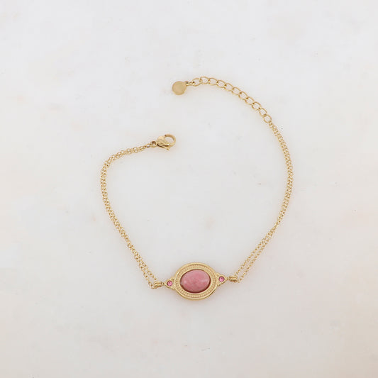 Bracelet deux rangs avec pièce ovale sertie de deux strass et d'une pierre naturelle