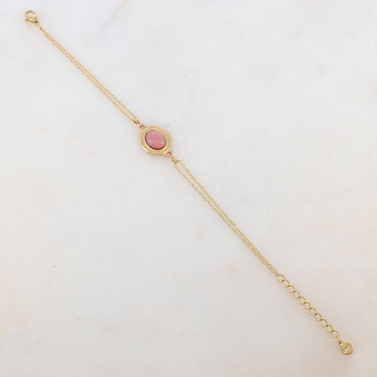 Bracelet deux rangs avec pièce ovale sertie de deux strass et d'une pierre naturelle