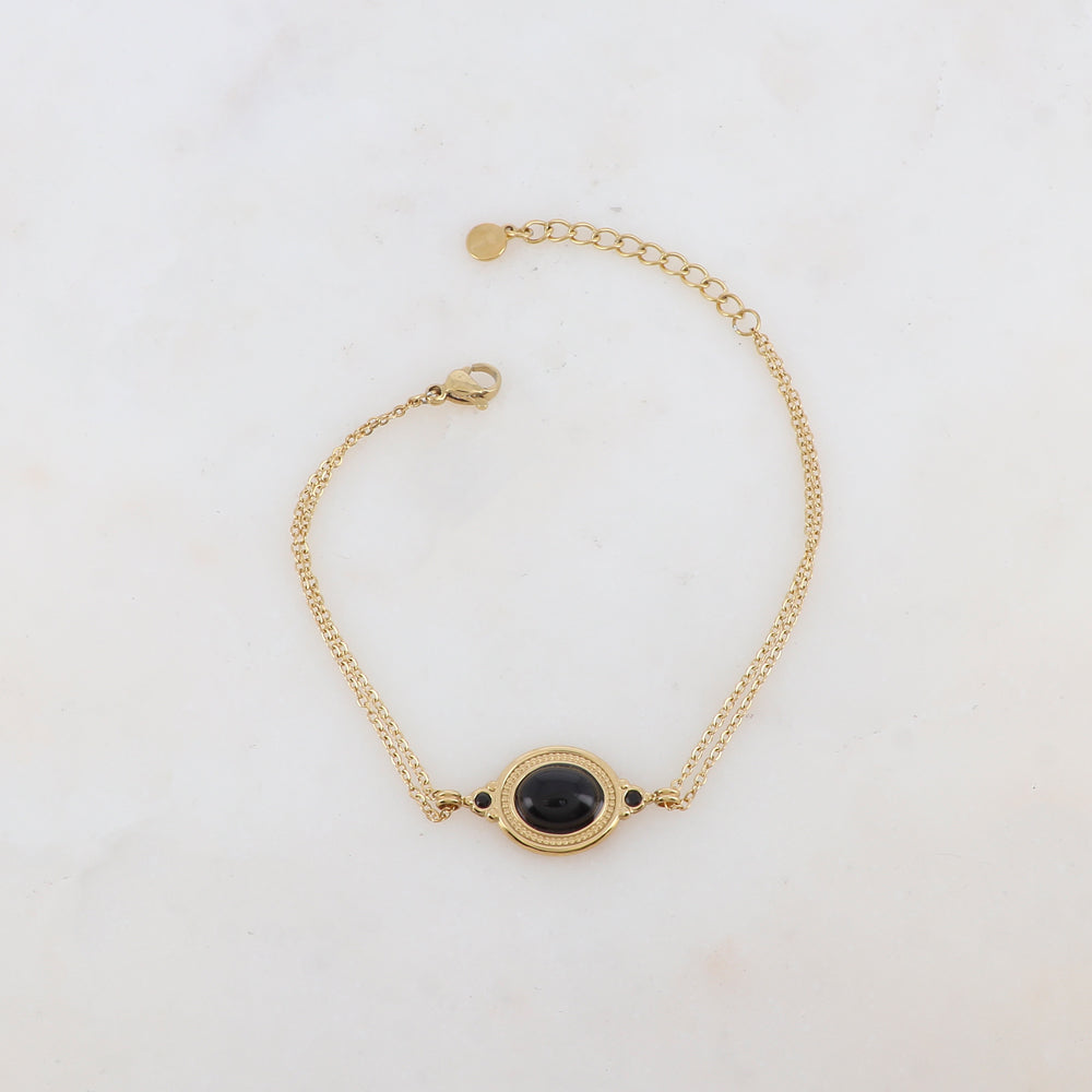 Bracelet deux rangs avec pièce ovale sertie de deux strass et d'une pierre naturelle
