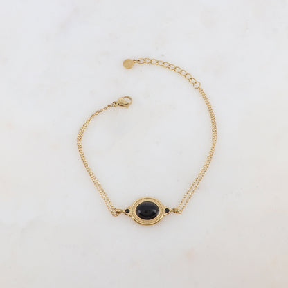 Bracelet deux rangs avec pièce ovale sertie de deux strass et d'une pierre naturelle