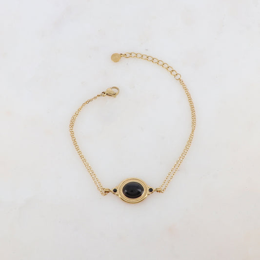 Bracelet deux rangs avec pièce ovale sertie de deux strass et d'une pierre naturelle