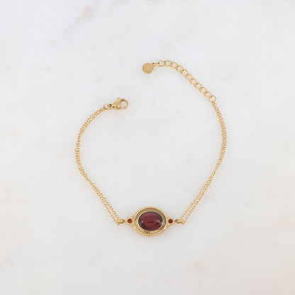 Bracelet deux rangs avec pièce ovale sertie de deux strass et d'une pierre naturelle