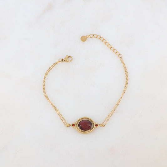 Bracelet deux rangs avec pièce ovale sertie de deux strass et d'une pierre naturelle
