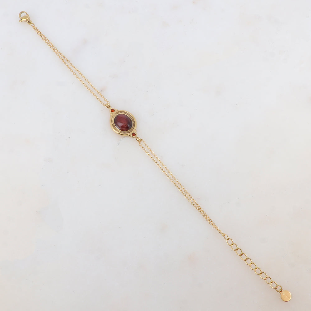 Bracelet deux rangs avec pièce ovale sertie de deux strass et d'une pierre naturelle