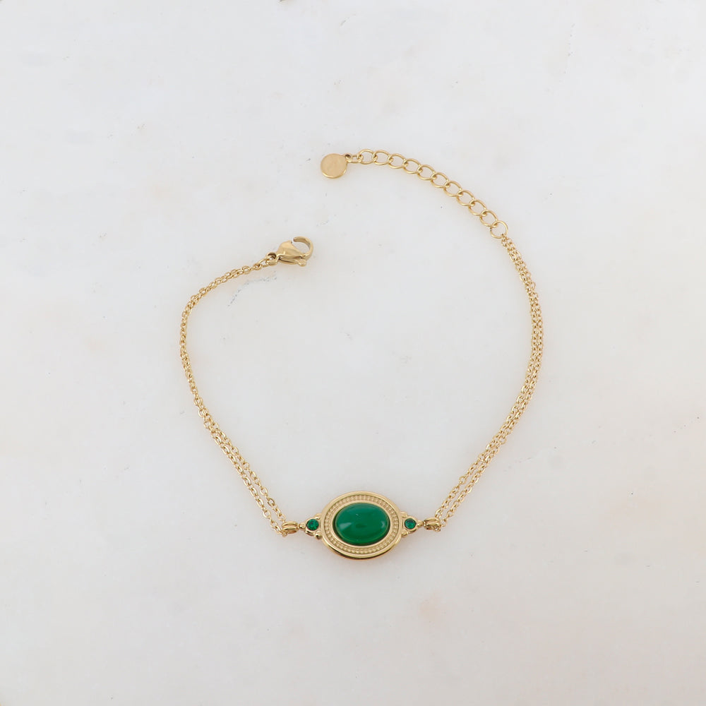 Bracelet deux rangs avec pièce ovale sertie de deux strass et d'une pierre naturelle