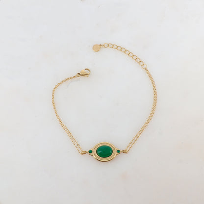 Bracelet deux rangs avec pièce ovale sertie de deux strass et d'une pierre naturelle