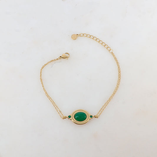 Bracelet deux rangs avec pièce ovale sertie de deux strass et d'une pierre naturelle