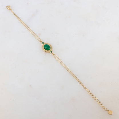 Bracelet deux rangs avec pièce ovale sertie de deux strass et d'une pierre naturelle