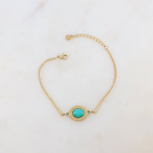 Bracelet deux rangs avec pièce ovale sertie de deux strass et d'une pierre naturelle