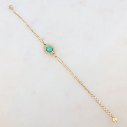 Bracelet deux rangs avec pièce ovale sertie de deux strass et d'une pierre naturelle