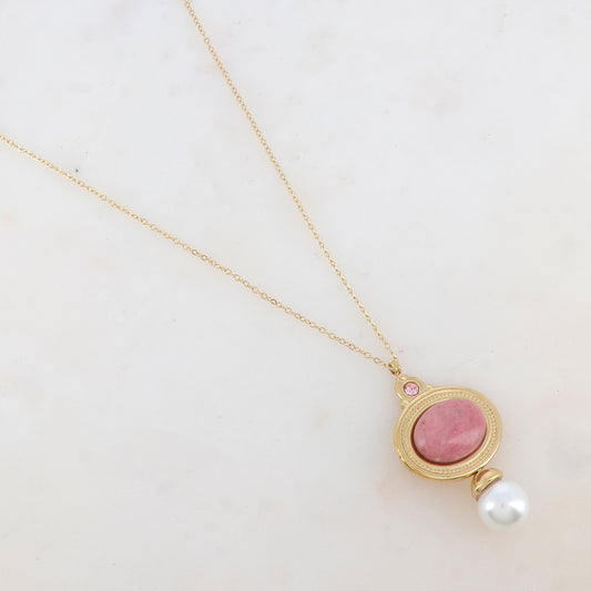 Collier avec pendentif ovale, strass, pierre naturelle et perle d'eau douce (40+5CM)