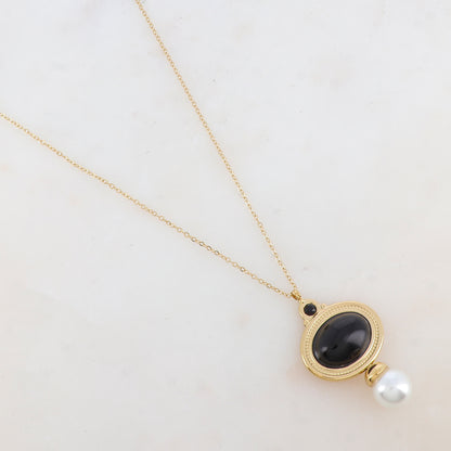 Collier avec pendentif ovale, strass, pierre naturelle et perle d'eau douce (40+5CM)